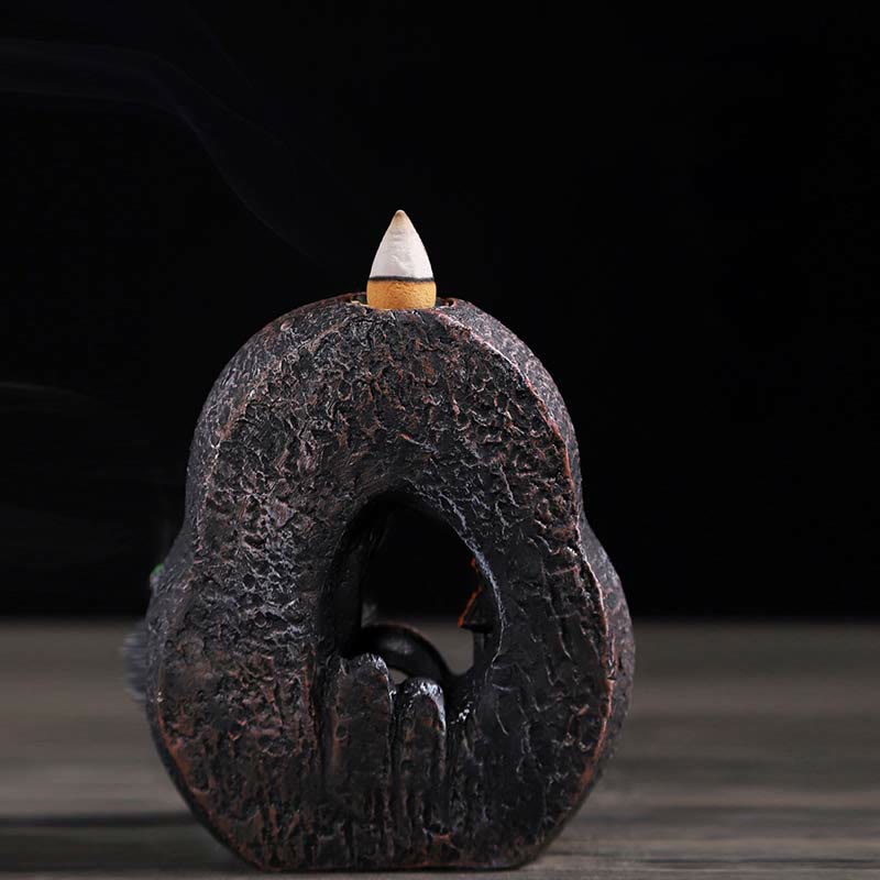 ATELIER-TIBET Brûleur d’Encens Bouddha à Cascade Paysage Montagnes en Résine