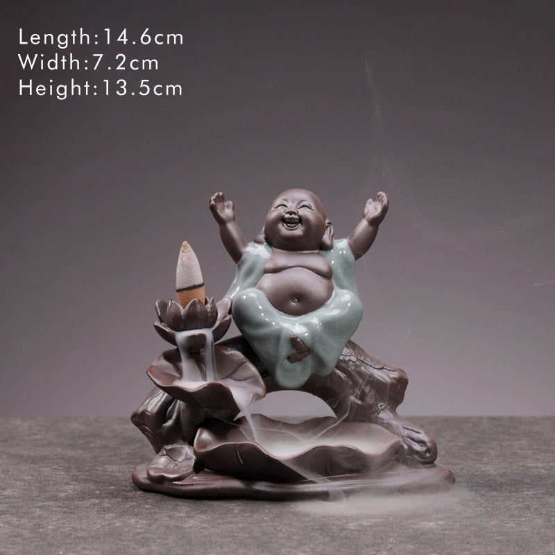 ATELIER-TIBET Brûleur d'encens en céramique avec bénédiction de lotus et petit moine en Buddha Stones