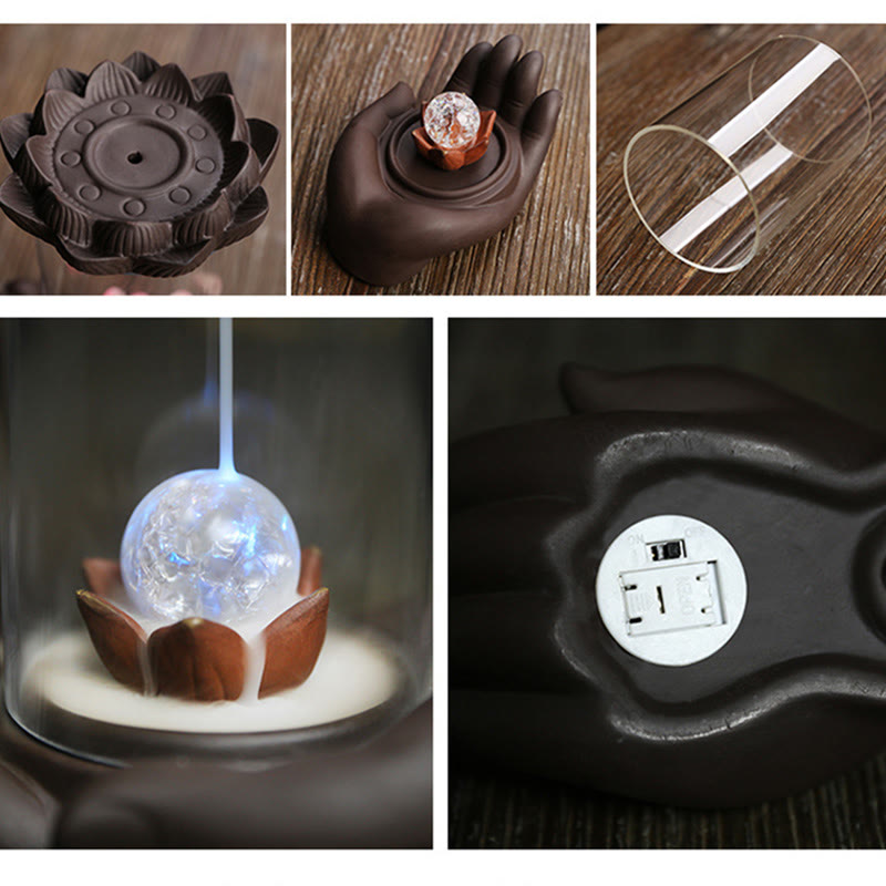 ATELIER-TIBET – Porte-Encens Main de Bouddha Lotus Éveil en Argile Pourpre avec LED