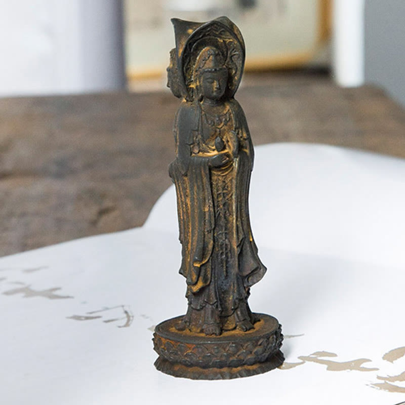 ATELIER-TIBET Statue de Buddha Stones en résine coulée à trois côtés Kwan Yin Avalokitesvara en poudre de fer et rouille Décoration de bureau