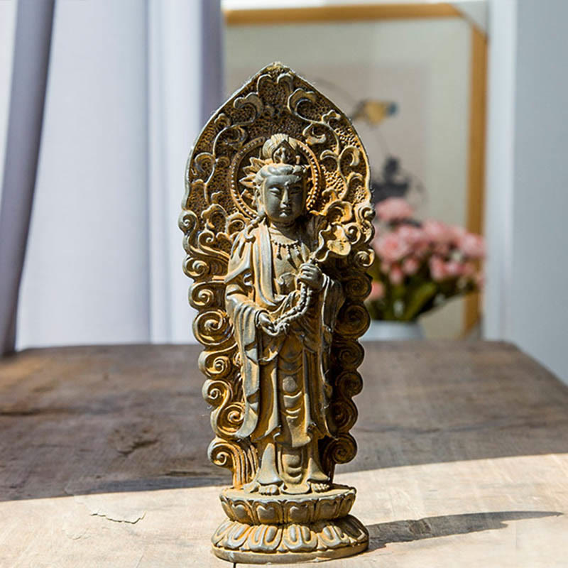 ATELIER-TIBET Statue de Buddha Stones en pierre faite à la main Amitabha Guanyin Avalokitesvara Mahasthamaprapta en poudre de fer et résine coulée rouillée