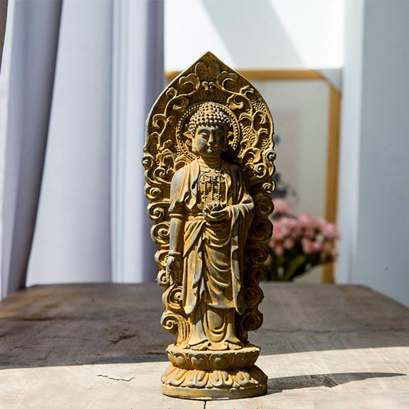 ATELIER-TIBET Statue de Buddha Stones en pierre faite à la main Amitabha Guanyin Avalokitesvara Mahasthamaprapta en poudre de fer et résine coulée rouillée