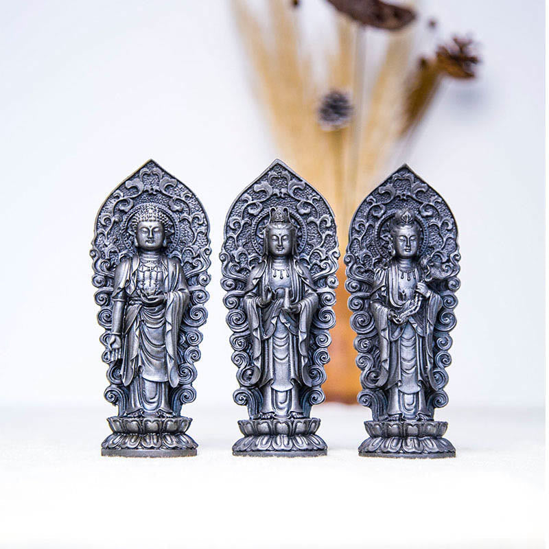ATELIER-TIBET Statue de Buddha Stones en pierre faite à la main Amitabha Guanyin Avalokitesvara Mahasthamaprapta en poudre de fer et résine coulée rouillée