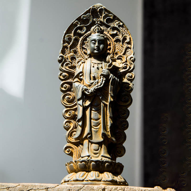 ATELIER-TIBET Statue de Buddha Stones en pierre faite à la main Amitabha Guanyin Avalokitesvara Mahasthamaprapta en poudre de fer et résine coulée rouillée