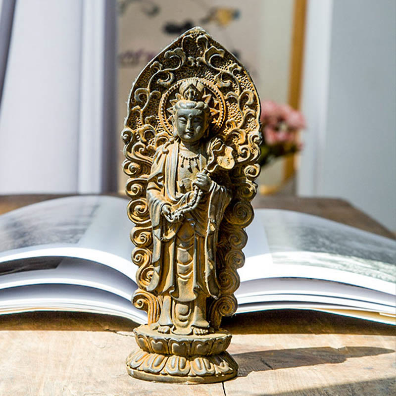 ATELIER-TIBET Statue de Buddha Stones en pierre faite à la main Amitabha Guanyin Avalokitesvara Mahasthamaprapta en poudre de fer et résine coulée rouillée