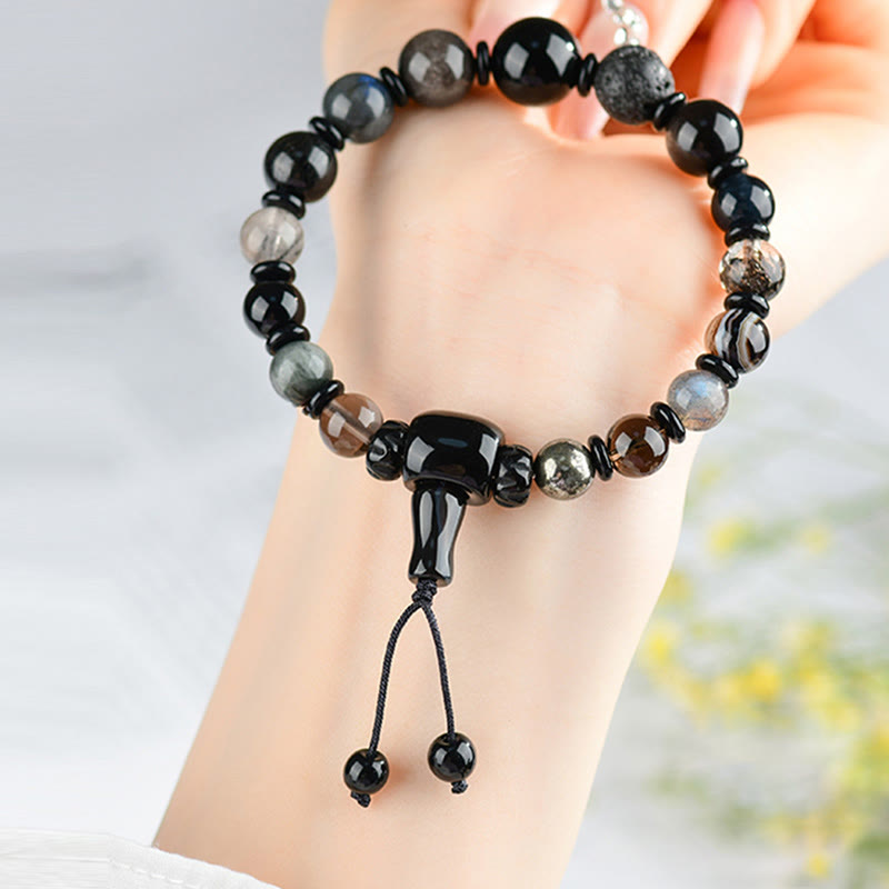 ATELIER-TIBET – Bracelet Sagesse des Cinq Éléments en Obsidienne Noire – Perles 8 mm