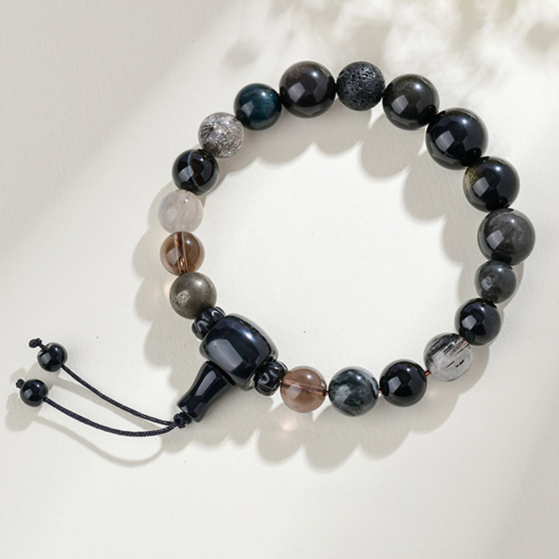 ATELIER-TIBET – Bracelet Sagesse des Cinq Éléments en Obsidienne Noire – Perles 8 mm