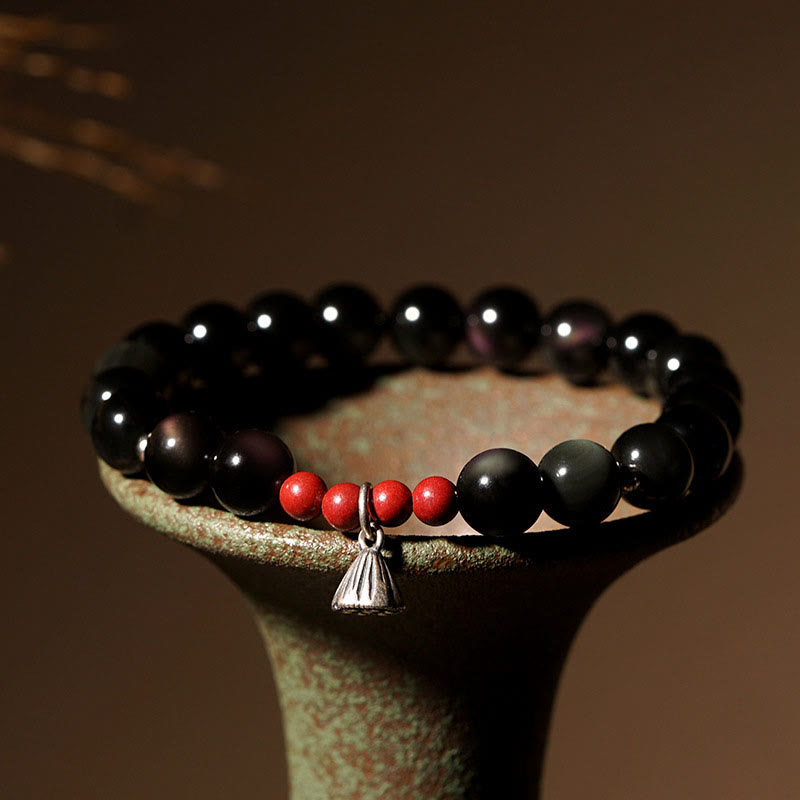 ATELIER-TIBET – Bracelet Force Protectrice en Obsidienne Noire & Lotus – Perles 6 ou 8 mm