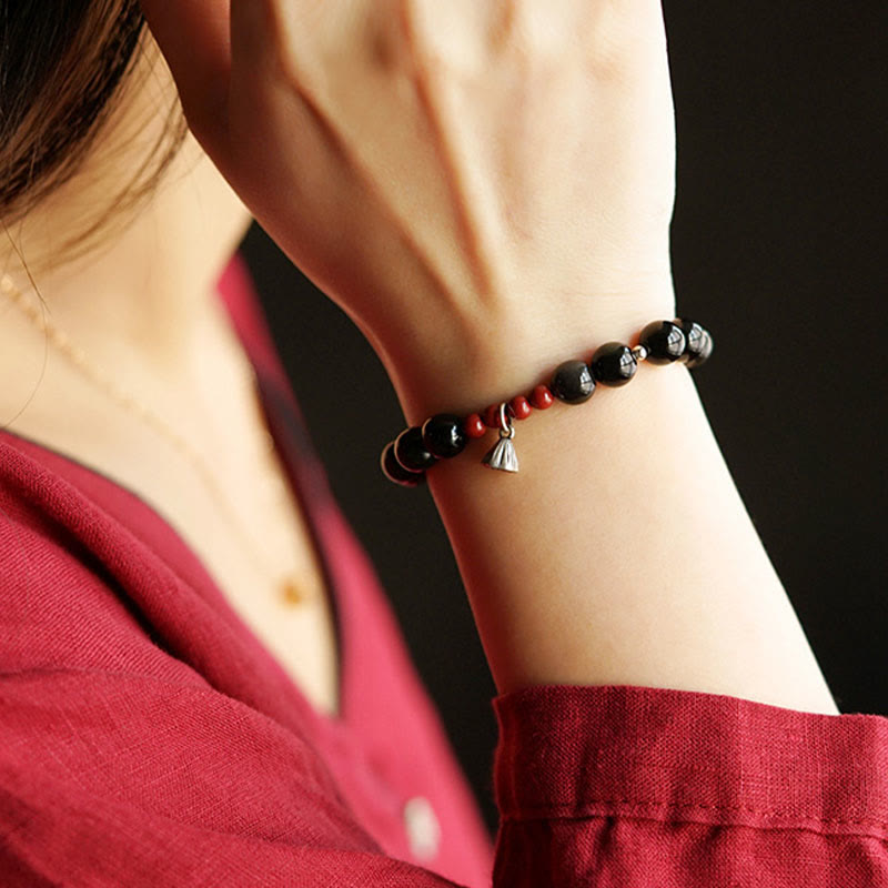 ATELIER-TIBET – Bracelet Force Protectrice en Obsidienne Noire & Lotus – Perles 6 ou 8 mm