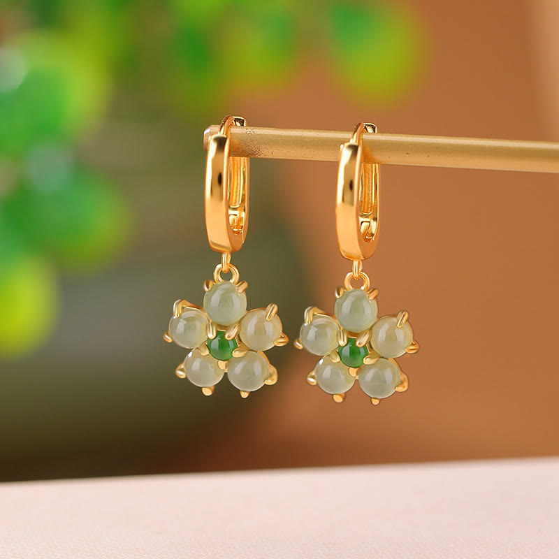 ATELIER-TIBET – Boucles d’Oreilles Fleur en Jade Vert Naturel & Argent 925 Plaqué Or