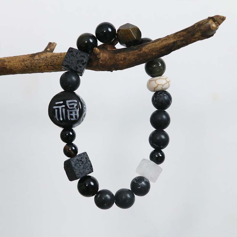 ATELIER-TIBET – Bracelet en Agate & Onyx Noir 8 mm avec Symbole Fu (Protection & Fortune)