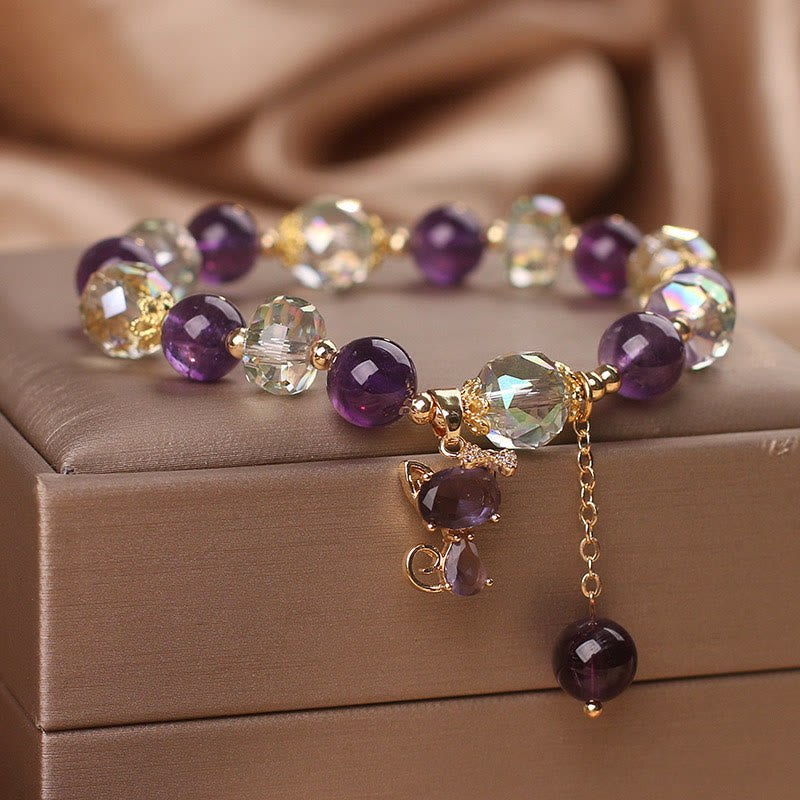 ATELIER-TIBET – Bracelet Méditation en Améthyste & Quartz Clair avec Breloque Renard | Sérénité & Clarté Symbolique