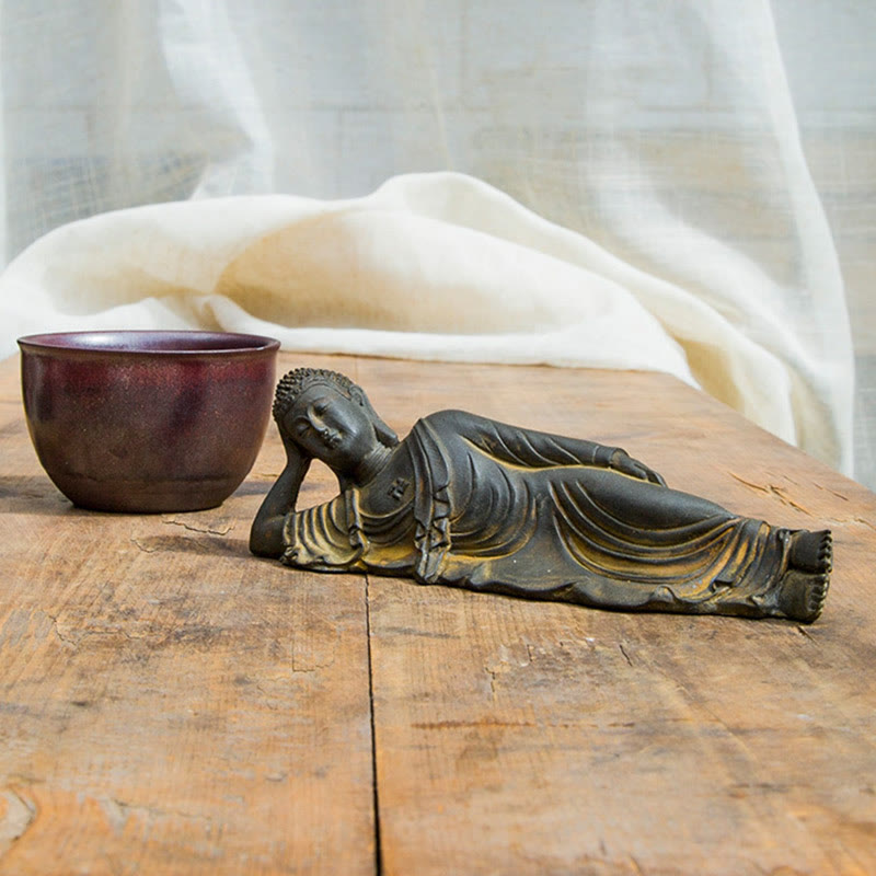 ATELIER-TIBET Bouddha couché Shakyamuni Poudre de fer Rouille Statue en résine coulée Décoration de la maison