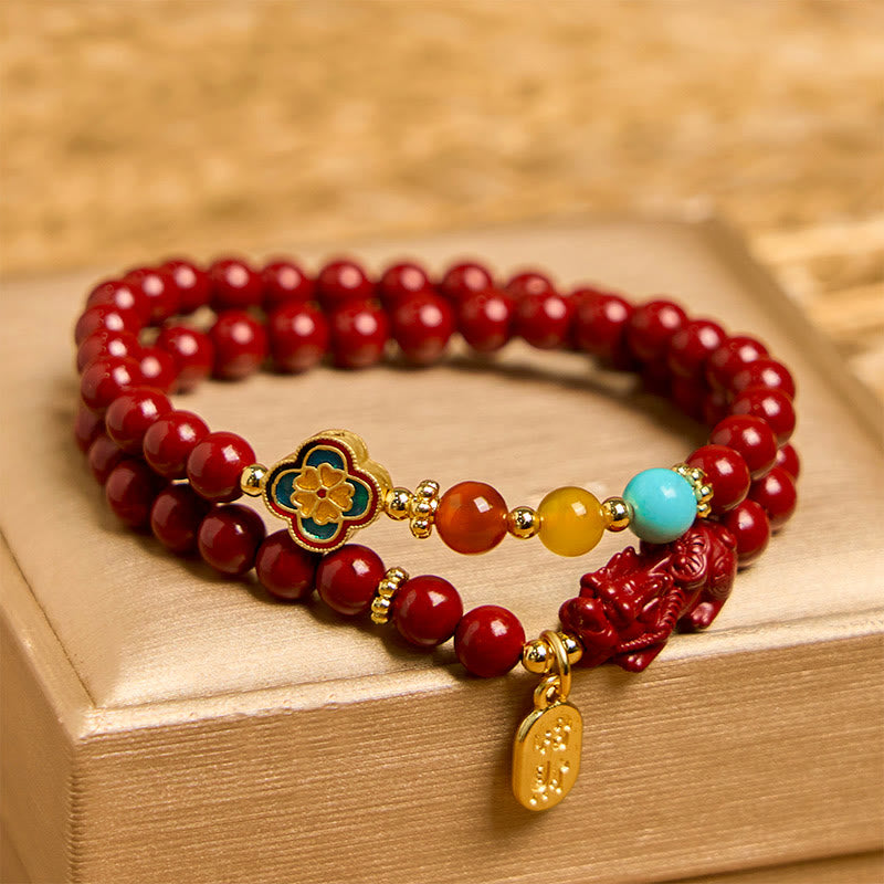 ATELIER-TIBET – Bracelet Double Tour en Cinabre 6 mm PiXiu & Fu | Abondance & Protection Symbolique