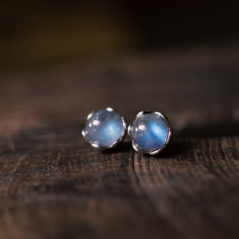 ATELIER-TIBET – Boucles d’Oreilles Clous en Pierre de Lune Naturelle 6 mm – Argent 925