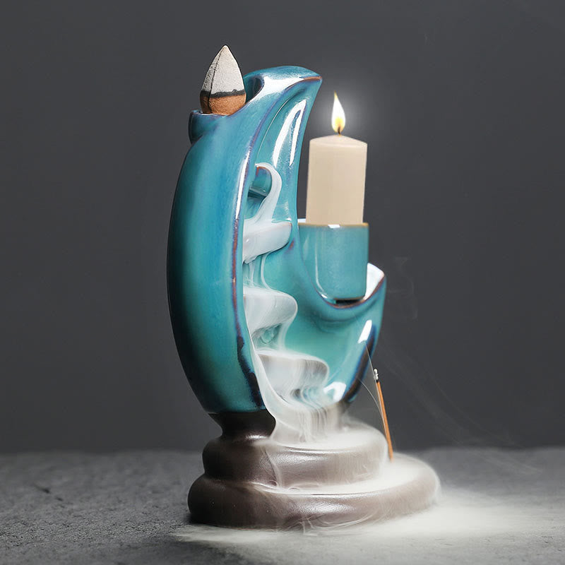 ATELIER-TIBET – Brûleur d’Encens Lune Croissante Bleu en Céramique à Reflux – 12,2 cm