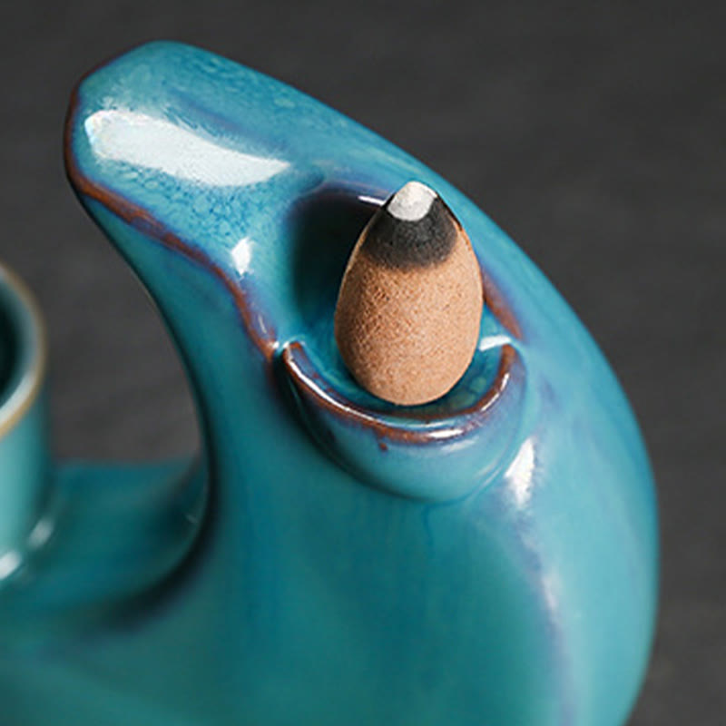ATELIER-TIBET – Brûleur d’Encens Lune Croissante Bleu en Céramique à Reflux – 12,2 cm