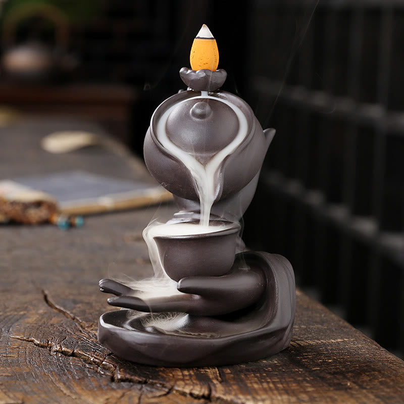 ATELIER-TIBET – Porte-Encens Main de Bouddha Céramique – Effet Fumée à Reflux 13,7 cm
