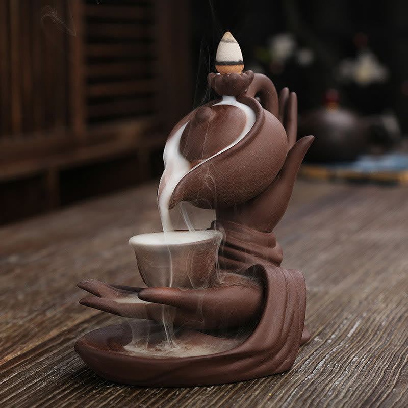 ATELIER-TIBET – Porte-Encens Main de Bouddha Céramique – Effet Fumée à Reflux 13,7 cm