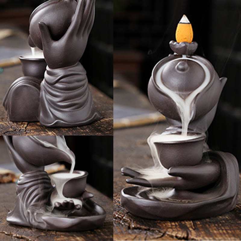 ATELIER-TIBET – Porte-Encens Main de Bouddha Céramique – Effet Fumée à Reflux 13,7 cm