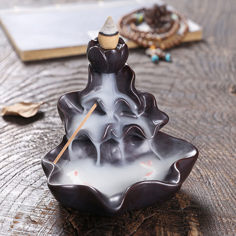 ATELIER-TIBET Porte-Encens à Reflux Lotus avec Poisson Koi en Céramique – 11,5 cm