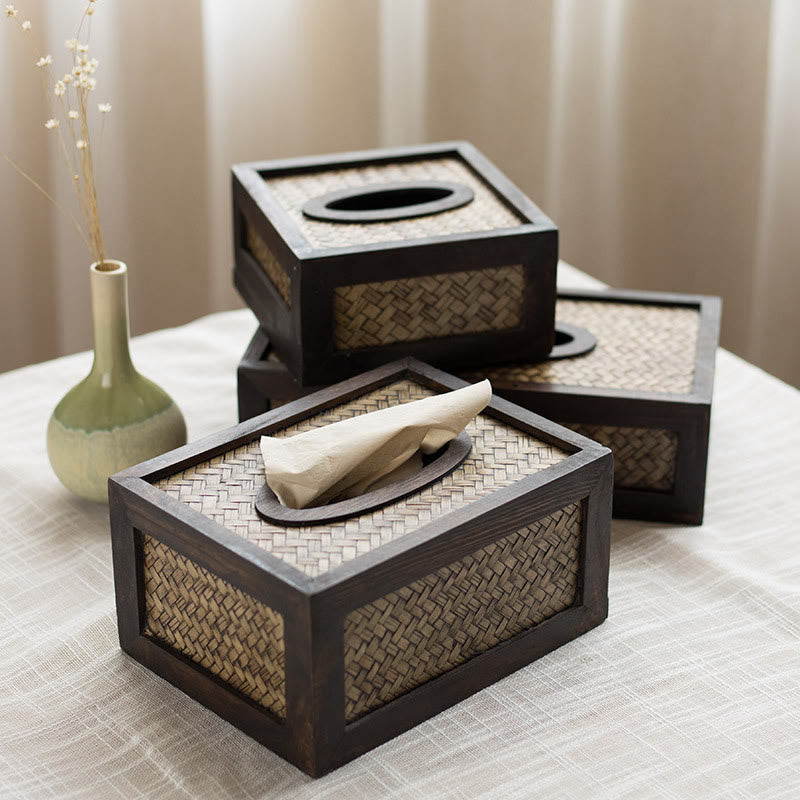 ATELIER-TIBET Boîte à mouchoirs en bois tressé en bambou fait à la main Porte-mouchoirs en bois Boîtes à lingettes Décoration