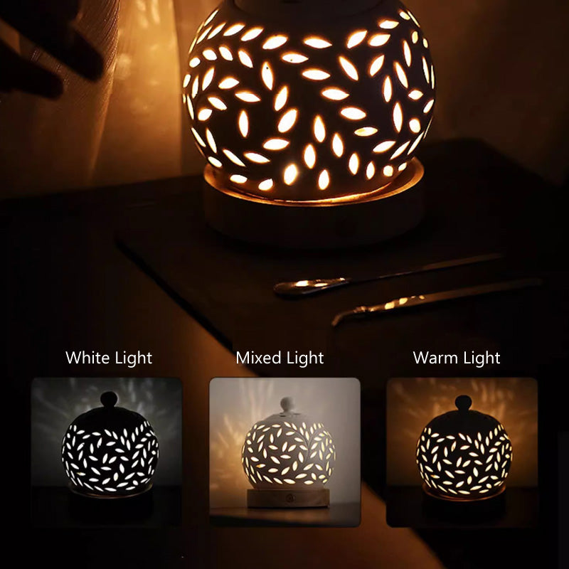 ATELIER-TIBET | Veilleuse & Brûleur d’Encens Électrique Branche Ajourée – Porcelaine Blanche & Bois Naturel