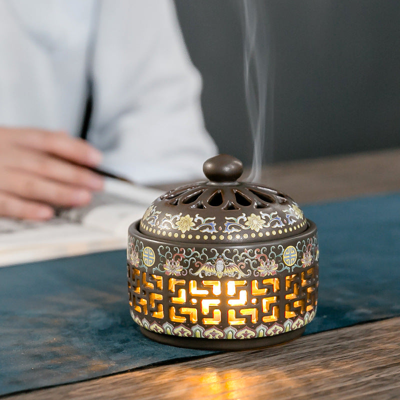 ATELIER-TIBET | Brûleur d’Encens Émaillé avec Veilleuse – Art Décoratif Multifonction