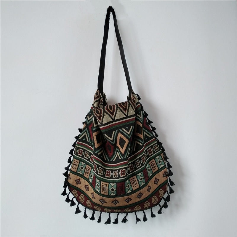ATELIER-TIBET – Sac à bandoulière femme bohème à franges – Polyester – 43 cm