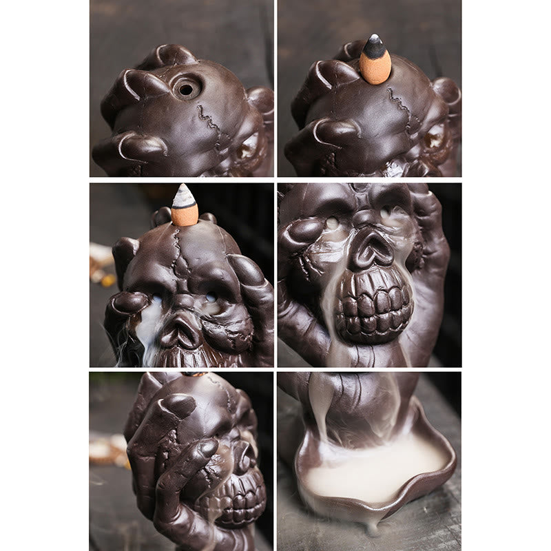 ATELIER-TIBET Brûleur d'encens spirituel en argile violette avec tête de mort et main fantôme en Buddha Stones