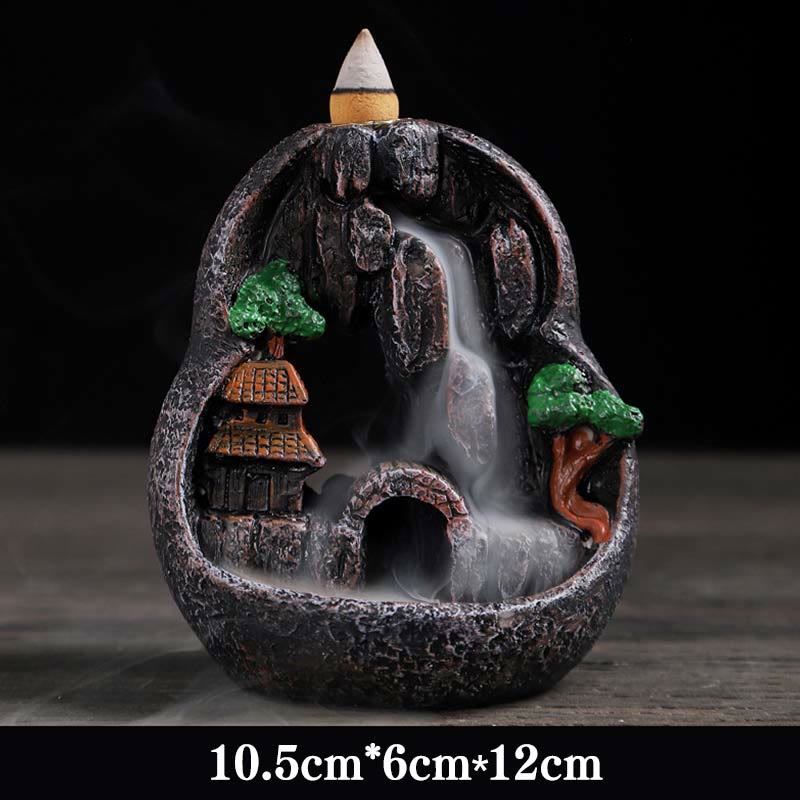 ATELIER-TIBET Brûleur d’Encens Bouddha à Cascade Paysage Montagnes en Résine