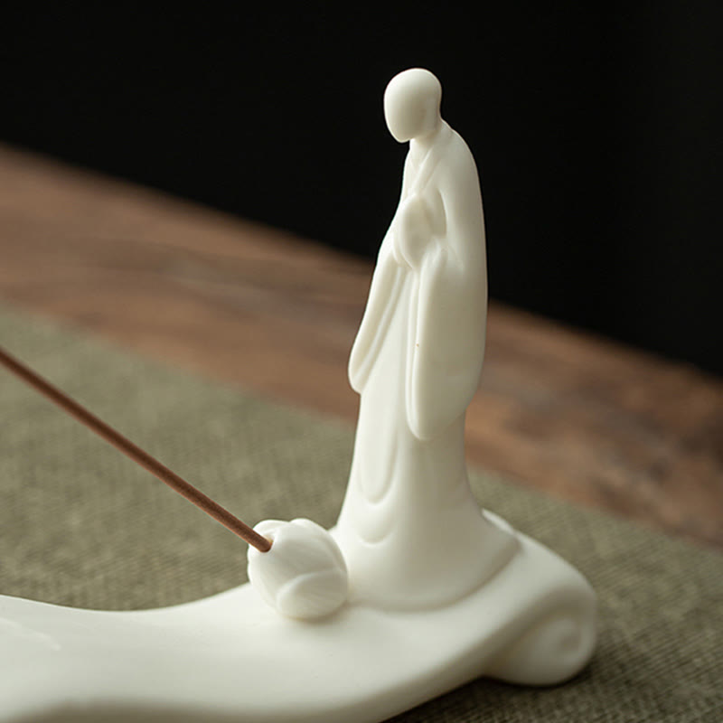 ATELIER-TIBET Brûleur d'encens en céramique représentant un moine Bouddha et une vague de mer