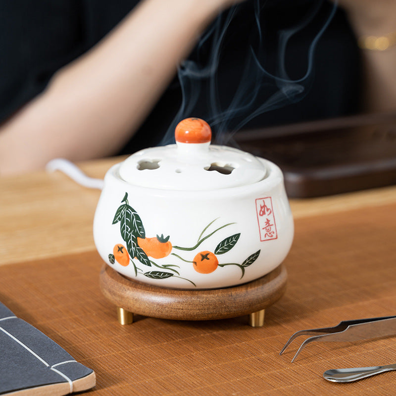 ATELIER-TIBET | Brûleur d’Encens Électrique Kaki Peint à la Main – Céramique & Bois Naturel