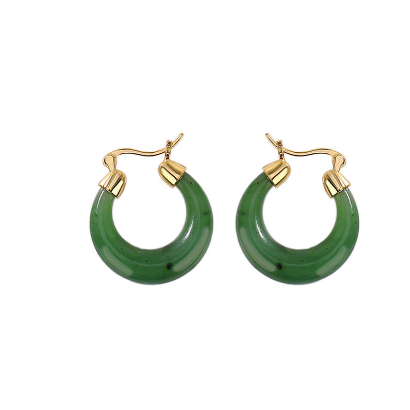 ATELIER-TIBET – Boucles d’Oreilles Pendantes Porte-Bonheur en Jade Hetian Cyan Plaqué Or – 23 mm