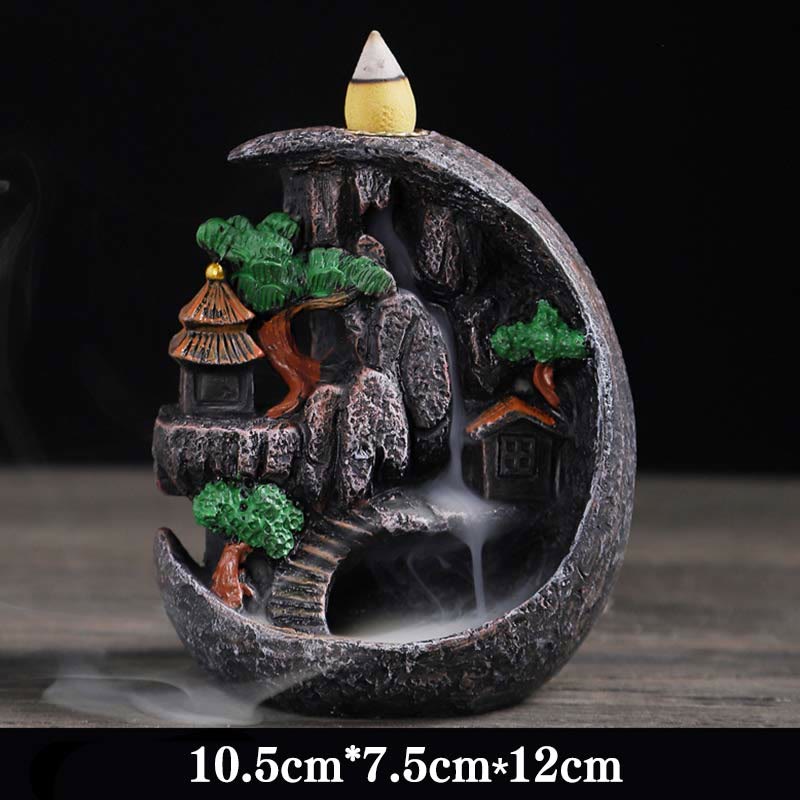 ATELIER-TIBET Brûleur d’Encens Bouddha à Cascade Paysage Montagnes en Résine