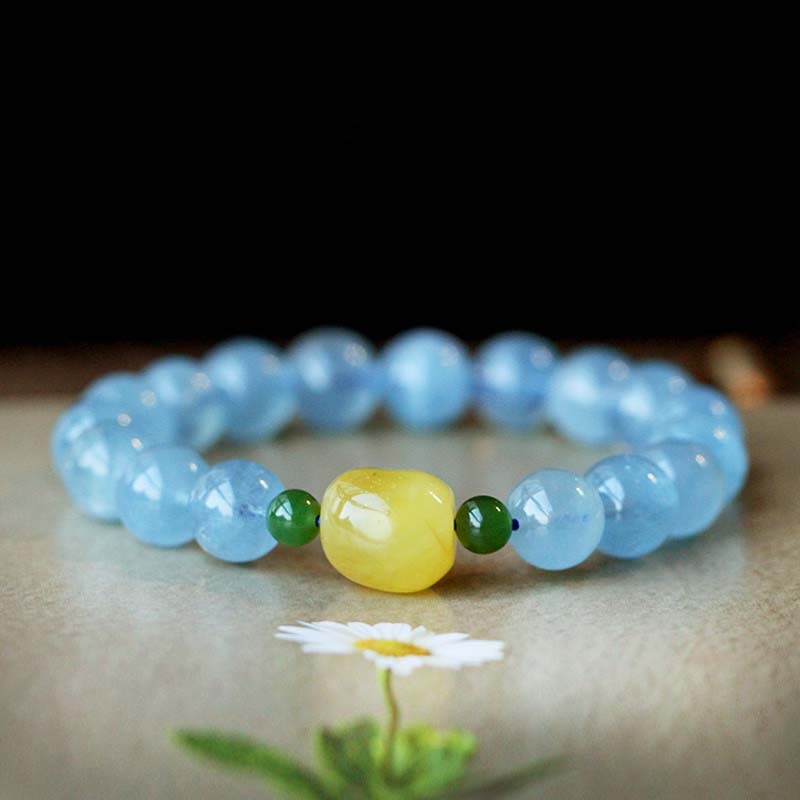 ATELIER-TIBET – Bracelet Sérénité en Aigue-Marine & Ambre Naturels 8 mm | Harmonie & Apaisement Symbolique