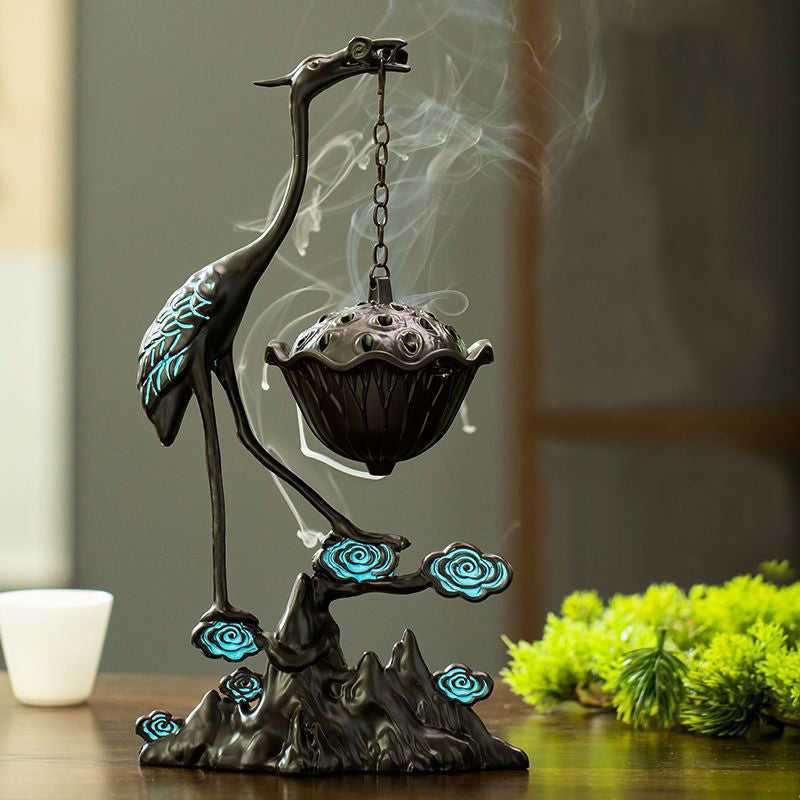 ATELIER-TIBET | Brûleur d’Encens Grue sur Nuages – Sculpture Lotus Suspendue