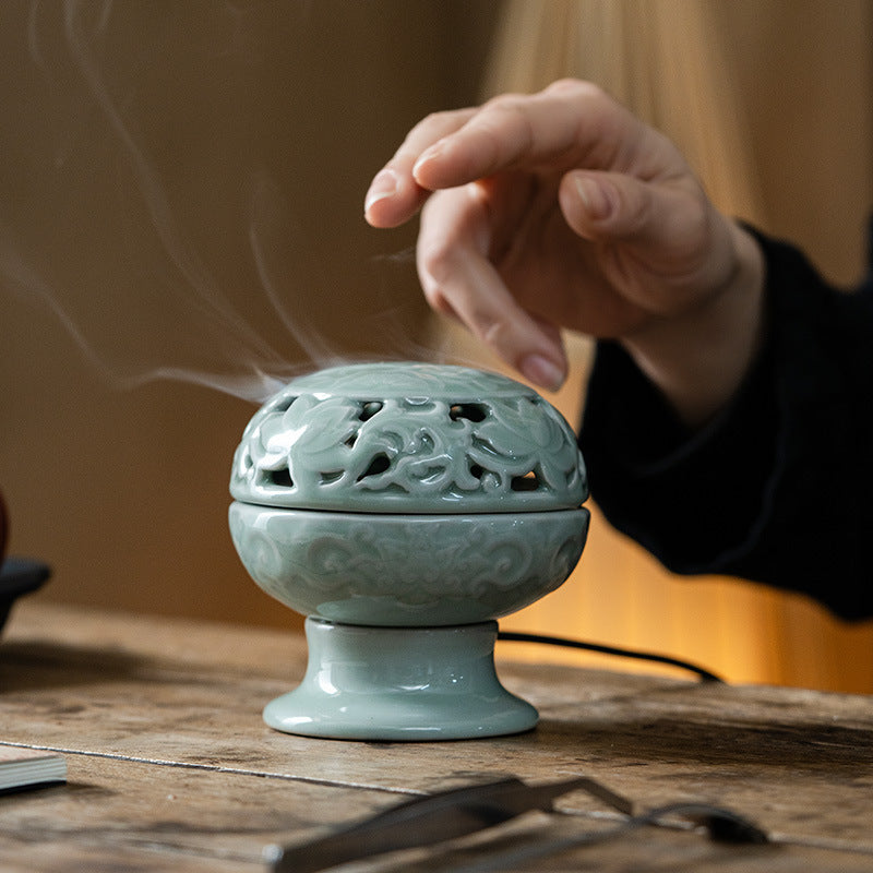 ATELIER-TIBET | Brûleur d’Encens Électrique Lotus Céladon – Céramique Artisanale