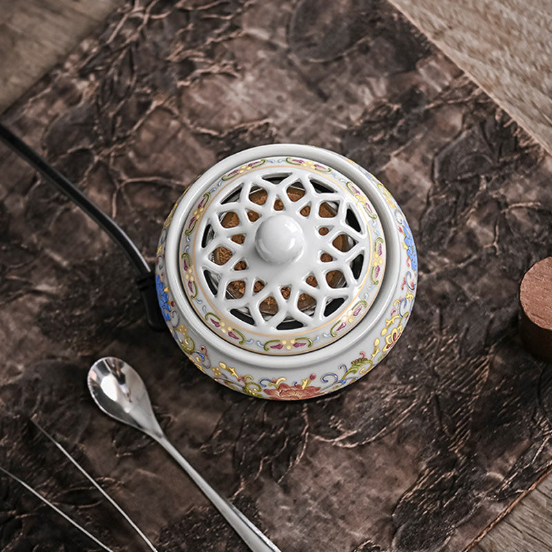 ATELIER-TIBET | Brûleur d’Encens Électrique Lotus Peint – Céramique Artisanale d’Inspiration Chinoise