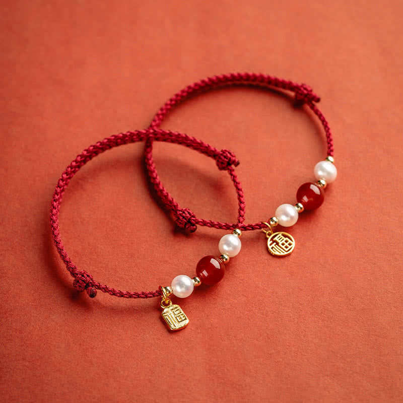 ATELIER-TIBET – Bracelet Fil Rouge en Argent Sterling 925 avec Symbole Fu (福)