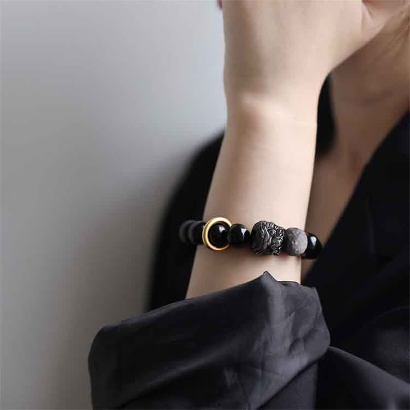 ATELIER-TIBET – Bracelet Force du Lion en Obsidienne Noire & Argentée – Perles 12 mm