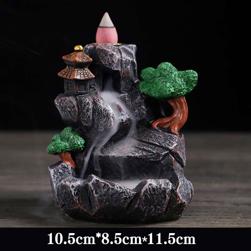 ATELIER-TIBET Brûleur d’Encens Bouddha à Cascade Paysage Montagnes en Résine
