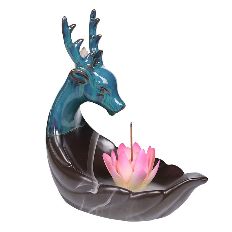 ATELIER-TIBET Brûleur d'encens de méditation en céramique Buddha Stones Little Deer Lotus