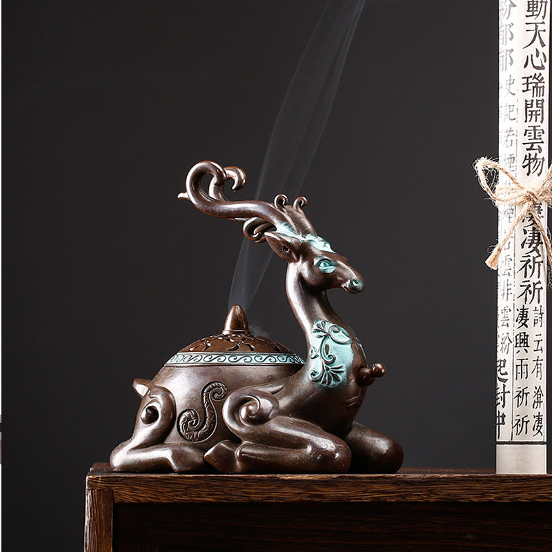 ATELIER-TIBET | Brûleur d’Encens Cerf Oriental – Céramique Sculptée Bicolore