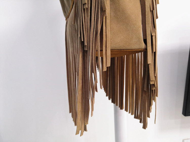 ATELIER-TIBET – Sac à bandoulière femme à franges en cuir – Cuir véritable – 28 cm