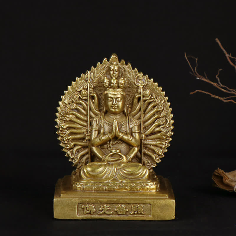 ATELIER-TIBET Figurine d'Avalokitesvara à mille mains de Chenrezig, statue de protection double face Kuan Yin Bodhisattva en cuivre massif, décoration