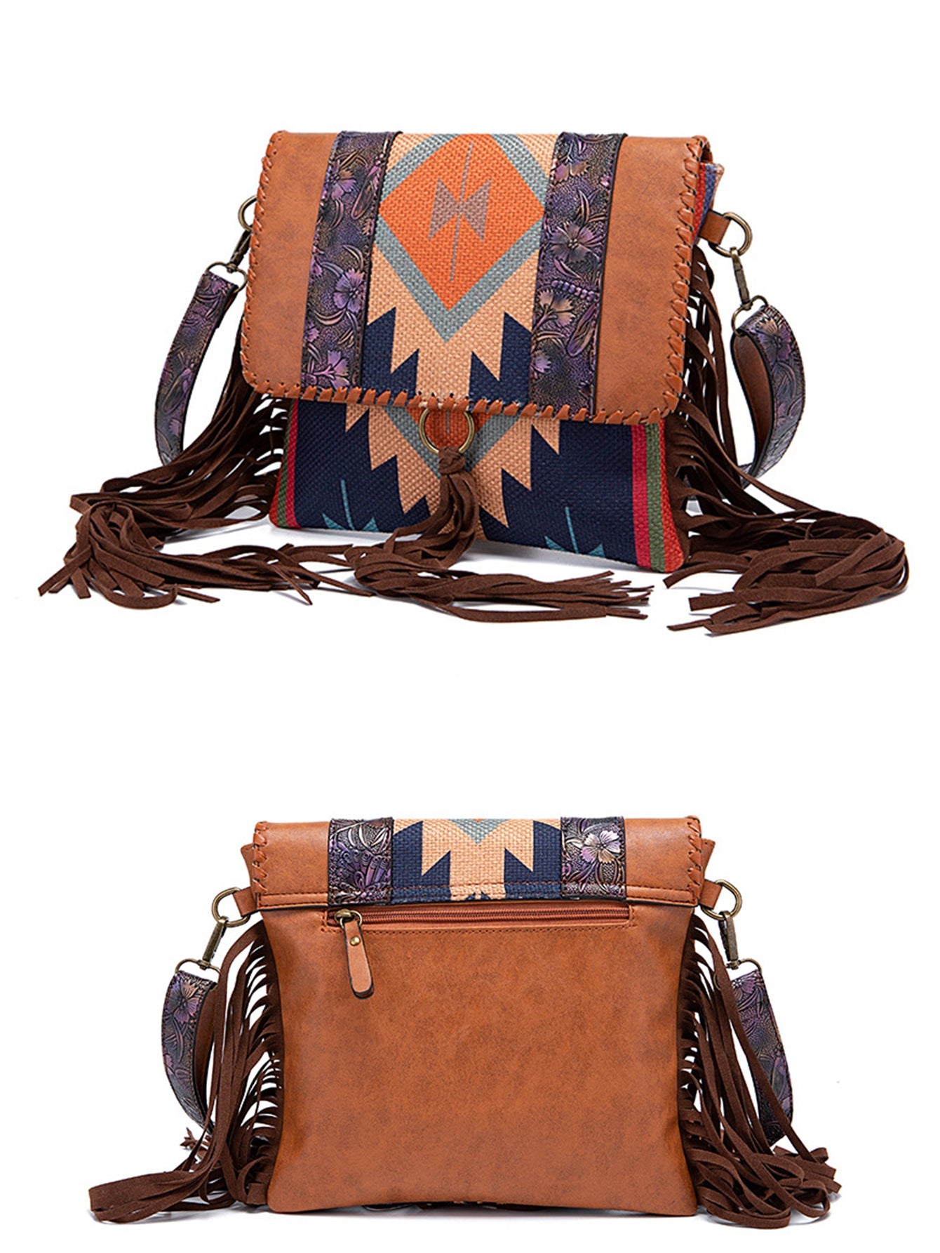 ATELIER-TIBET – Sac à bandoulière femme en cuir style boho – Cuir véritable – 26 cm