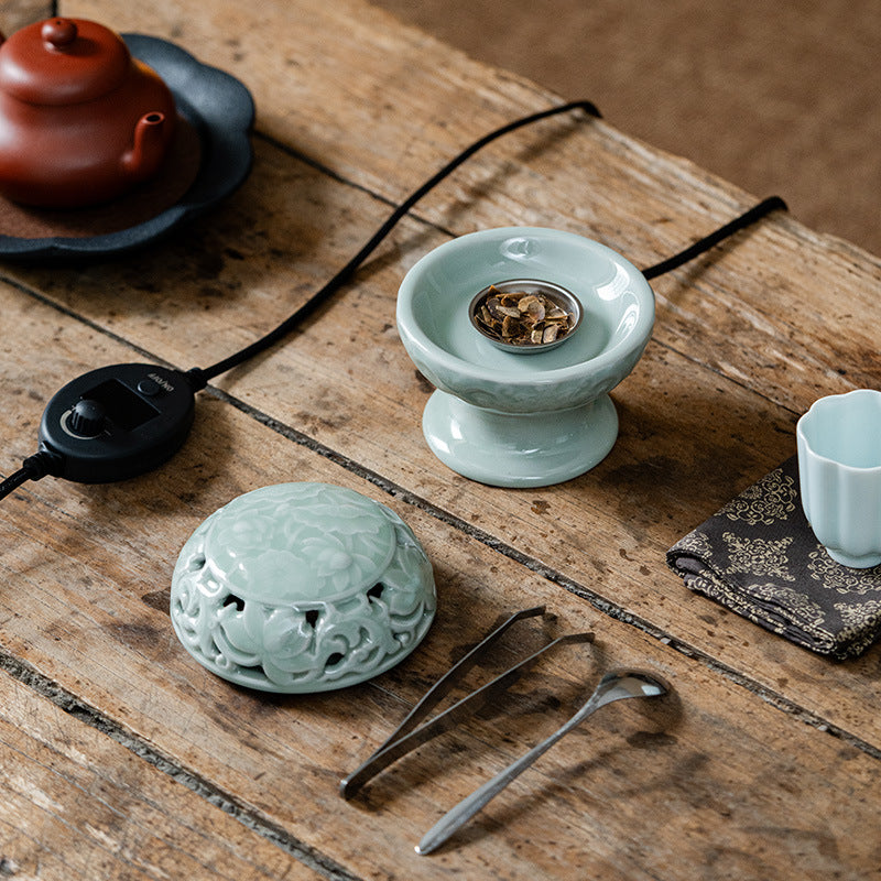 ATELIER-TIBET | Brûleur d’Encens Électrique Lotus Céladon – Céramique Artisanale