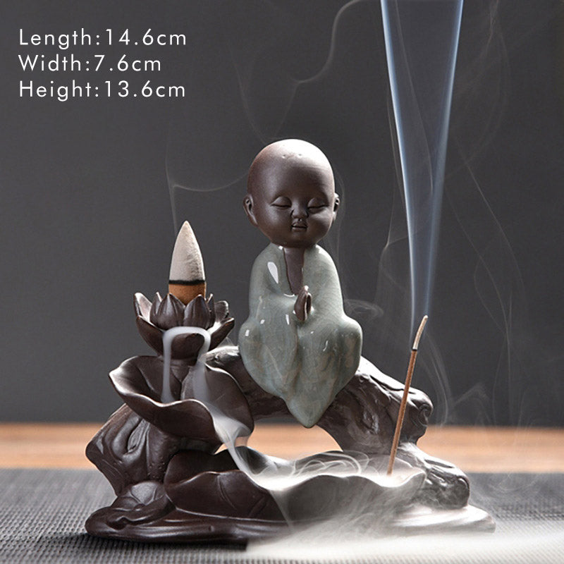 ATELIER-TIBET Brûleur d'encens en céramique avec bénédiction de lotus et petit moine en Buddha Stones