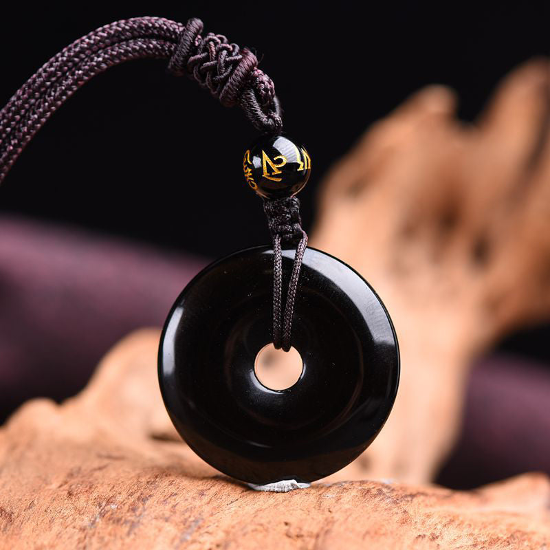 ATELIER-TIBET – Collier de Protection en Obsidienne Naturelle – Pendentif Circulaire Triple Pierre – Unisexe